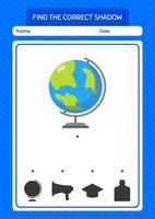 Find the correct shadows game with globe. worksheet for preschool kids, kids activity sheet vector