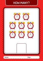 How many counting game with waker clock. worksheet for preschool kids, kids activity sheet vector