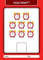 How many counting game with waker clock. worksheet for preschool kids, kids activity sheet vector