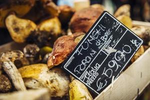 Funghi Porcini is a type of mushroom in Italy. Sign written in Italian is pointing towards price and location of product photo