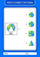 Match pattern game with globe. worksheet for preschool kids, kids activity sheet vector