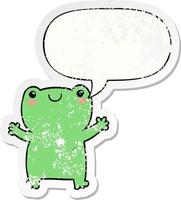 cute cartoon frog and speech bubble distressed sticker vector