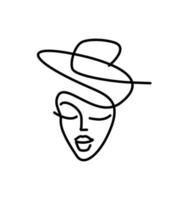 logotipo de sombrero icono de salón de belleza. chica de cara de minimalismo. ilustración vectorial de líneas finas. icono de tocado. compras, guardarropa vector