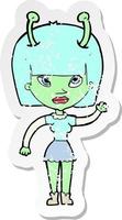 retro distressed sticker of a cartoon alien woman vector