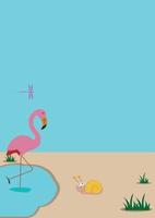 flamenco rosa con estanque azul, haz que el caracol y la libélula sean amigos. vector