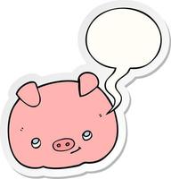 cartoon happy pig and speech bubble sticker vector