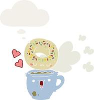 cute cartoon donut and coffee and thought bubble in retro style vector