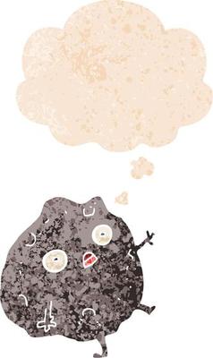 cartoon rock falling and thought bubble in retro textured style