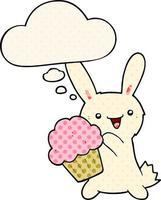 cute cartoon rabbit with muffin and thought bubble in comic book style vector