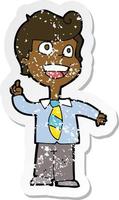 retro distressed sticker of a cartoon school boy raising hand vector