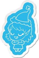 happy cartoon  sticker of a elf girl wearing santa hat vector