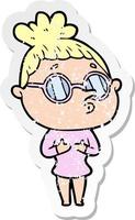distressed sticker of a cartoon woman wearing glasses vector