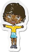 retro distressed sticker of a cartoon happy woman pointing vector