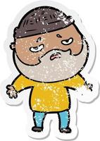 distressed sticker of a cartoon worried man with beard vector