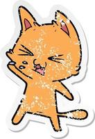 distressed sticker of a cartoon cat hissing vector