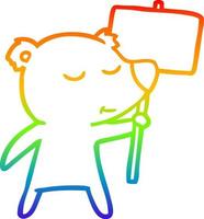 rainbow gradient line drawing happy cartoon polar bear with sign vector