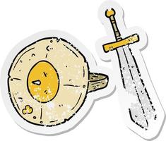 distressed sticker of a cartoon shield and sword vector