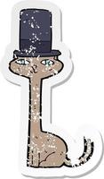 retro distressed sticker of a cartoon cat in top hat vector