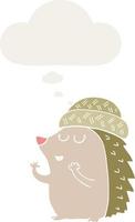 cartoon hedgehog wearing hat and thought bubble in retro style vector