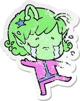 distressed sticker of a cartoon crying alien girl vector