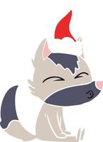 flat color illustration of a wolf whistling wearing santa hat vector
