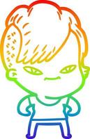 rainbow gradient line drawing cute cartoon girl with hipster haircut vector