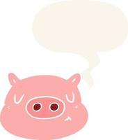 cartoon pig face and speech bubble in retro style vector