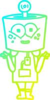 cold gradient line drawing happy cartoon robot shrugging shoulders vector