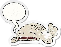 cartoon sad old fish and speech bubble distressed sticker vector