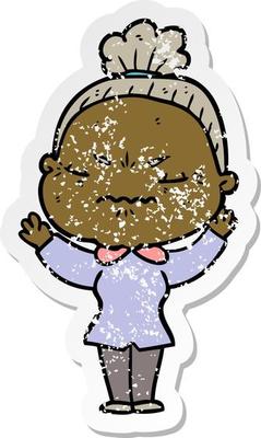 distressed sticker of a cartoon annoyed old lady