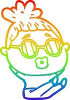 rainbow gradient line drawing cartoon sitting woman wearing spectacles vector