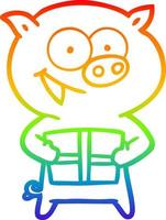 rainbow gradient line drawing cheerful pig with christmas gift vector