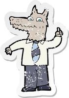 retro distressed sticker of a cartoon business wolf with idea vector