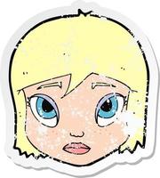 pegatina retro angustiada de un rostro femenino de dibujos animados vector