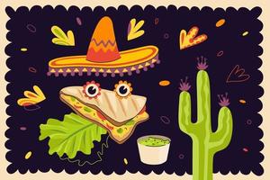 Mexican fast food quesadilla drawing poster for mexico cuisine restaurant menu or eatery advertising. Traditional Latin American dish vector eps banner and sombrero. Wheat or corn tortilla with cheese