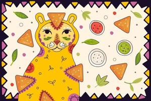 Mexican fast food nachos drawing poster for mexico cuisine restaurant menu. Eatery advertising eps banner with Latin American puma cougar and traditional snack nacho and guacamole, salsa, cheese sauce vector