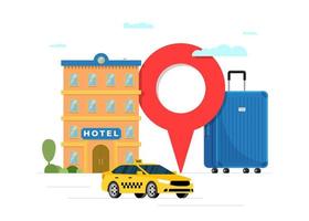 Hotel booking and taxi transfer service for vacation tourism concept. Travel apartment and transport reservation banner. Motel building with baggage suitcase and location pin vector eps illustration