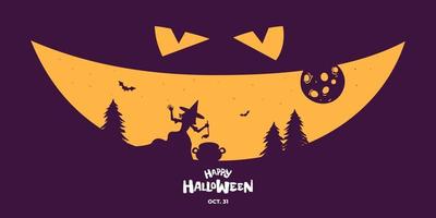 feliz diseño de banner horizontal de fiesta de halloween. jack o linterna calabaza cara de miedo sobre fondo oscuro. la bruja conjura y prepara una poción en el bosque. tradicional 31 de octubre vacaciones vector eps tarjeta de felicitación