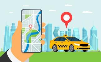 concepto de aplicación de servicio de pedido móvil de taxi. orden en línea taxi amarillo. teléfono inteligente de mano con geoetiqueta gps ubicación pin dirección de llegada en el mapa de la ciudad. aplicación web obtener taxi. bandera de pasos vectoriales vector