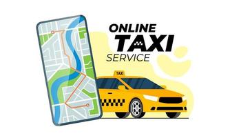 Taxi ordering and tracking service mobile app concept. Yellow cab with car route on city map on smartphone screen. Taxicab online order. Get transport web application advertising banner. Vector eps