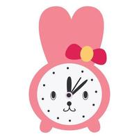 cute illustration of a pink alarm clock in the shape of a hare in a flat style. A symbol of awakening vector