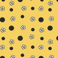 Hand-drawn abstract chamomile flowers and circles in the form of a seamless pattern on a white background. Repeating floral vector pattern