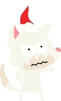 flat color illustration of a annoyed fox wearing santa hat vector