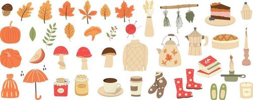 Vector set of autumn icons sweater, leaves, cozy food, candles, a book and a cute kettle. Bright background for harvesting. Autumn greeting card.