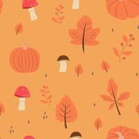 Seamless pattern with orange and yellow autumn leaves, with rowan and mushrooms. Perfect for wallpaper, gift paper, pattern filling vector