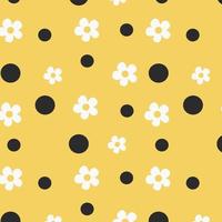 Hand-drawn abstract chamomile flowers and circles in the form of a seamless pattern on a white background. Repeating floral vector pattern