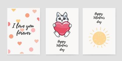 Cute cats full of love. A set of rectangular gift tags, postcards, postcards. Beautiful, funny, amazing Valentine's Day. Vector illustration