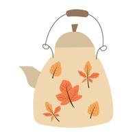 white teapot with a pattern of autumn leaves on it. Rustic teapot with autumn herbal drink. Color flat vector illustration isolated on a white background