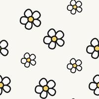 Hand-drawn abstract chamomile flowers in a seamless pattern on a white background. Repeating floral vector pattern