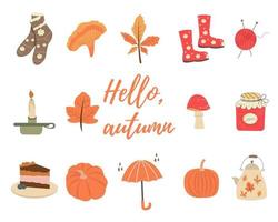 Vector set of autumn icons sweater, falling leaves, cozy food, candles, books, and pumpkin. Collection of clippings with elements of the autumn season.
